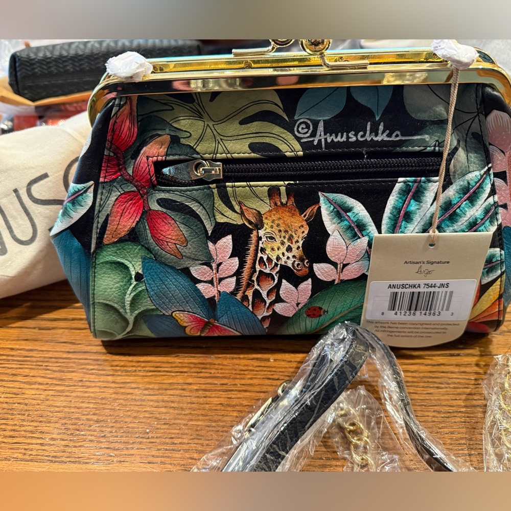 NWT ANUSCHKA hand painted leather African safari Crossbody purse bag with pouch